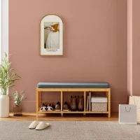 HOMCOM Bamboo Shoe Bench, Entryway Storage Bench with Padded Cushion and Open Shelf, Natural Wood Finish(m-7)