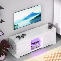 HOMCOM Dulap TV cu iluminare LED, 2 uși, raft din sticlă, orificii pentru cabluri, pentru living, placă aglomerată, Alb(m-4)