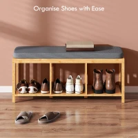 HOMCOM Bamboo Shoe Bench, Entryway Storage Bench with Padded Cushion and Open Shelf, Natural Wood Finish(m-5)