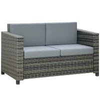 Canapea Outsunny din poly-rattan cu perne, canapea lounge de grădină 2 locuri metal poliester gri 130 x 70 x 80 cm(m-6)