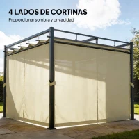 Outsunny Pérgola de Jardín 3x3 m con Techo Retráctil y Cortinas Protección UV30+ Estructura Metálica para Patio Terraza Beige(m-5)