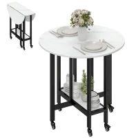 HOMCOM Folding Dining Table, Drop Leaf Table with Open Shelf, Rolling Kitchen Table for Dining Room, Small Spaces, White Marble(m-10)