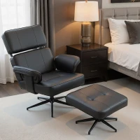 HOMCOM Fotoliu recliner reglabil cu otoman, tapițerie din piele ecologică, tetieră reglabilă pe înălțime, bază metalică, Negru(m-2)