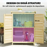 Outsunny Căsuță de Grădină din Lemn de Molid cu Rafturi și Cârlige Laterale, Dulap de Grădină cu Uși Duble și Blat de Lucru din Metal Zincat pentru Terasă, 71,5x39x95cm, Naturală(m-6)