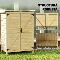 Outsunny Căsuță de Grădină din Lemn de Molid cu Rafturi și Cârlige Laterale, Dulap de Grădină cu Uși Duble și Blat de Lucru din Metal Zincat pentru Terasă, 71,5x39x95cm, Naturală(m-8)