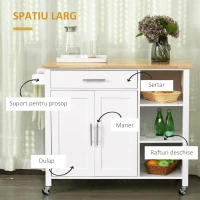 Homcom carucior bucatarie cu 4 roți, 3 rafturi, pentru bucătărie si sufragerie,107×48×89 cm, din MDF, Lemn de cauciucalba, alb(m-5)