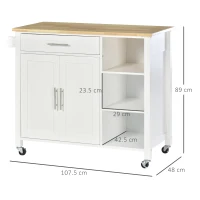 Homcom carucior bucatarie cu 4 roți, 3 rafturi, pentru bucătărie si sufragerie,107×48×89 cm, din MDF, Lemn de cauciucalba, alb(m-3)