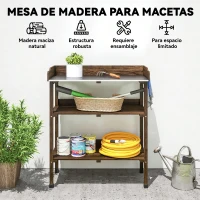 Outsunny Mesa de Jardinería de Madera con Superficie Metálica Estantes y Ganchos para Jardín Terraza 76x37x89 cm Carbonizado(m-6)