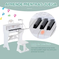 HOMCOM Piano Electrónico Infantil de 37 Teclas Juego de Piano con Modelo Pedagógico Micrófono Taburete Luces y 22 Canciones USB/MP3/Bluetooth Karaoke 53,5x27x63 cm Blanco(m-6)