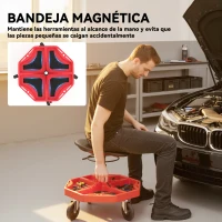 HOMCOM Taburete de Taller Móvil con Bandeja Magnética Ruedas Altura Ajustable de 52–59,5 cm Carga 135 kg para Garaje Rojo(m-5)