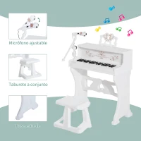 HOMCOM Piano Electrónico Infantil de 37 Teclas Juego de Piano con Modelo Pedagógico Micrófono Taburete Luces y 22 Canciones USB/MP3/Bluetooth Karaoke 53,5x27x63 cm Blanco(m-4)