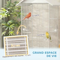 PawHut Cage oiseau sur pied volière oiseaux intérieure sur roulettes 2 mangeoires 8 perchoirs 79 x 65 x 155 cm fil d'acier blanc(m-4)