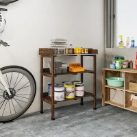 Outsunny Mesa de Jardinagem de Madeira com Superfície Metálica Prateleiras e Ganchos para Jardim e Terraço 76x37x89 cm Carbonizado(m-7)