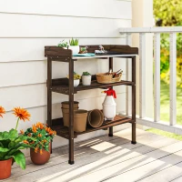 Outsunny Mesa de Jardinería de Madera con Superficie Metálica Estantes y Ganchos para Jardín Terraza 76x37x89 cm Carbonizado(m-9)