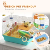PawHut Gabbia per Criceti con Ruota, Casetta, Ciotola, Rampe e Serbatoio, in Acciaio, PS e PP, 45x28x37 cm, Bianco e Azzurro(m-7)