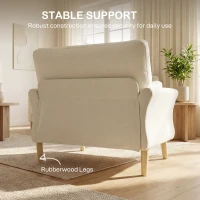 HOMCOM Fluwelen fauteuil, oversized accentstoel met houten poten, leesstoel voor woon- en slaapkamer, crèmewit(m-7)