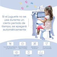 HOMCOM Piano Electrónico Infantil de 37 Teclas Juego de Piano con Modelo Pedagógico Micrófono Taburete Luces y 22 Canciones USB/MP3/Bluetooth Karaoke 53,5x27x63 cm Azul(m-5)