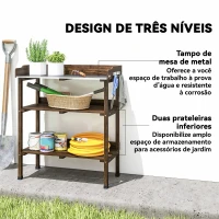 Outsunny Mesa de Jardinagem de Madeira com Superfície Metálica Prateleiras e Ganchos para Jardim e Terraço 76x37x89 cm Carbonizado(m-4)