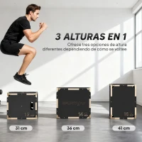 SPORTNOW Cajón Pliométrico de Madera 3 en 1 con 3 Alturas Diferentes Asas sin Esquinas Entrenamiento de Salto 41x36x31 cm Negro(m-5)