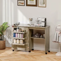 HOMCOM Table de couture pliante meuble couture à abattant avec bacs de rangement, étagère ouverte et roulettes effet bois grisé(m-10)