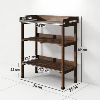 Outsunny Mesa de Jardinería de Madera con Superficie Metálica Estantes y Ganchos para Jardín Terraza 76x37x89 cm Carbonizado(m-3)