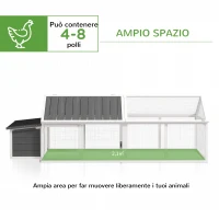 PawHut Pollaio da Giardino per 4-8 Galline in Legno con Rete Metallica e Tetto Apribile, 240x112.5x76 cm, Bianco(m-4)