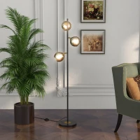 HOMCOM Lampada da Terra in Metallo ad Albero con 3 Paralumi in Vetro, Ø36x162 cm, Nero e Grigio(m-2)