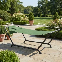 Outsunny Hamac d'extérieur avec support, Hamac autoportant avec poche latérale, appui-tête et structure en métal, capacité 150 kg pour jardin, balcon, véranda, 237 x 90 x 92 cm, Vert foncé(m-3)