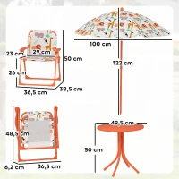 AIYAPLAY Kinder-Gartenmöbel-Set, Kindertisch mit 2 klappbaren Stühlen und Sonnenschirm Ø 100 cm, Tiermotiv, Orange(m-3)