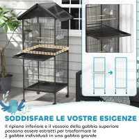 PawHut Voliera per Uccelli a Rotelle con Vassoi Estraibili in Plastica e Posatoi, in Metallo, 71.8x71.8x170.2 cm, Nero(m-7)