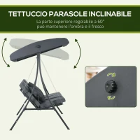 Outsunny Dondolo da Giardino 3 Posti con Tettuccio Regolabile, in Acciaio e Poliestere, 202x115x168 cm, Grigio Scuro(m-5)