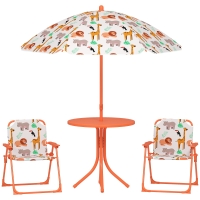 AIYAPLAY Kinder-Gartenmöbel-Set, Kindertisch mit 2 klappbaren Stühlen und Sonnenschirm Ø 100 cm, Tiermotiv, Orange