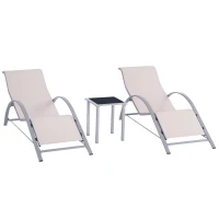 Outsunny Set 2 Gartenliegen und Beistelltisch mit Glasplatte, Sonnenliege mit atmungsaktivem Gewebe, 59x169x66 cm, Creme(m-7)