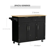 HOMCOM Cărucior de Bucătărie Multifuncțional cu 2 Sertare, Dulap cu 3 Uși și 4 Roți, 121x46x91 cm, Negru(m-4)