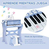 HOMCOM Piano Electrónico Infantil de 37 Teclas Juego de Piano con Modelo Pedagógico Micrófono Taburete Luces y 22 Canciones USB/MP3/Bluetooth Karaoke 53,5x27x63 cm Azul(m-6)