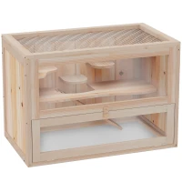 PawHut Wooden Hamster Cage Mouse Mice Rodent Small Animals Hutch Exercise Play House 60 x 35 x 42cm, Natural Wood Finish(m-1)
