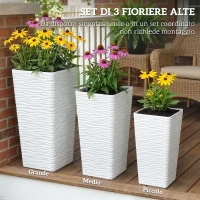 Outsunny Set 3 Vasi da Esterno Impilabili con Motivo Ondulato in Plastica, 42/55/65 cm, Bianco(m-4)
