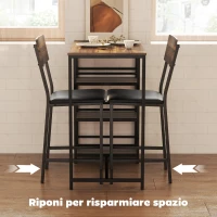 HOMCOM Tavolo da Bar a 3 Ripiani e 2 Sgabelli con Poggiapiedi e Schienale, in Legno e Acciaio, Nero e color Noce(m-6)