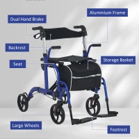 HOMCOM 2 in 1 Wheelchair Transport Chair & Folding Rollator Walker with Seat, Backrest, Footrest, Lightweight Walking Frame with Bag, Adjustable Height, 4 Wheeled Walker for Seniors, Pearl Blue(m-8)