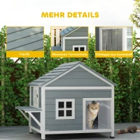 PawHut Domek dla kotów z drewna 2-poziomowa kryjówka z wodoodpornym, otwieranym dachem, boczną platformą, 101x72,5x81cm, Szary(m-7)