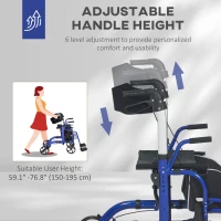 HOMCOM 2 in 1 Wheelchair Transport Chair & Folding Rollator Walker with Seat, Backrest, Footrest, Lightweight Walking Frame with Bag, Adjustable Height, 4 Wheeled Walker for Seniors, Pearl Blue(m-5)