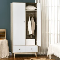 HOMCOM Dulap haine, cu 2 sertare si cuier, cu 2 usi cu 4 compartimente,din lemn si alb, 90x50x190cm(m-7)