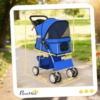 PawHut Poussette buggy pliable animaux chariot pliante chien chat porte-gobelet panier de rangement 75 x 45 x 97 cm bleu(m-3)
