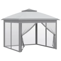 Outsunny Tenda Dobrável Exterior 3,3x3,3 m com Altura Ajustável  Teto Duplo 4 Mosquiteiras e Bolsa de Transporte Cinza(m-11)