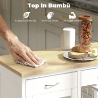 HOMCOM Carrello da Cucina in Bambù con 2 Cassetti, Armadietto, Ripiano e 2 Cestini in Acciaio, 67x35x80 cm, Bianco(m-4)