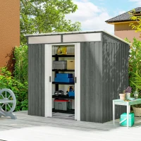 Outsunny Garden Shed 2 m² Galvanized Steel with Foundation Kit, Air Vents, Garden Shed with Transparent Windows, Sloped Roof, Lockable Sliding Door, 2 Hooks, Light Grey(m-2)