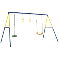 AIYAPLAY 3-in-1 Garden Swing Set for Kids with A-Frame Steel Frame, Standing Swing, Gymnastic Rings, Playset for Children, 150 kg Capacity, Outdoor Use, 3-8 Years, 285x160x181 cm(m-1)