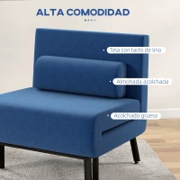 HOMCOM Sofá Cama Individual Plegable con Respaldo Ajustable de 5 Niveles Cojín y Tapizado de Lino Sintético 75x70x75 cm Azul(m-6)