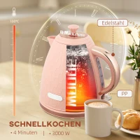HOMCOM Elektrische Waterkoker, 1,7L, Snelkookfunctie, 2200W, Draadloos, Met Afneembaar Anti-Kalkfilter, Lichtroze(m-4)