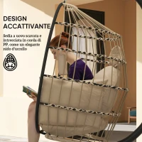 Outsunny Poltrona Sospesa a Uovo con Gancio Regolabile, 2 Cuscini e Cesto Pieghevole, 120x88x192 cm, Cachi(m-6)